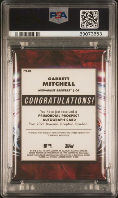 Garrett Mitchell 2021 Bowman Inception Autograph Gold #'d 50/50 PSA 9