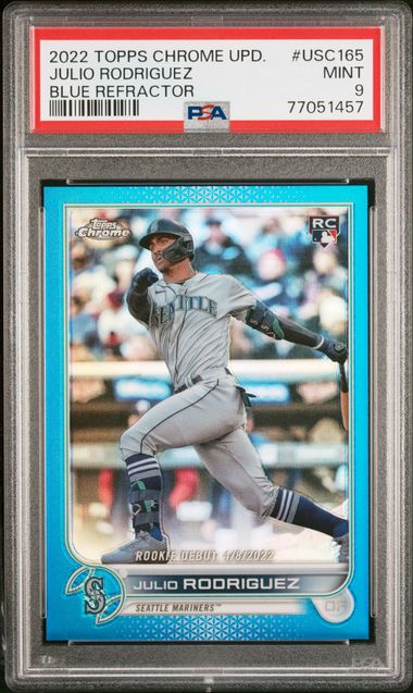 Julio Rodriguez 2022 Topps Chrome Update Rookie Debut Blue Refractor #'d 142/199 PSA 9