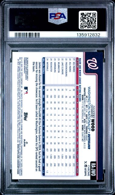 James Wood 2025 Topps Chrome Rookie Autograph Blue Raywave #'d 024/150 PSA 9