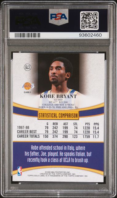 Kobe Bryant 1998 Topps Gold Label Black Label PSA 9