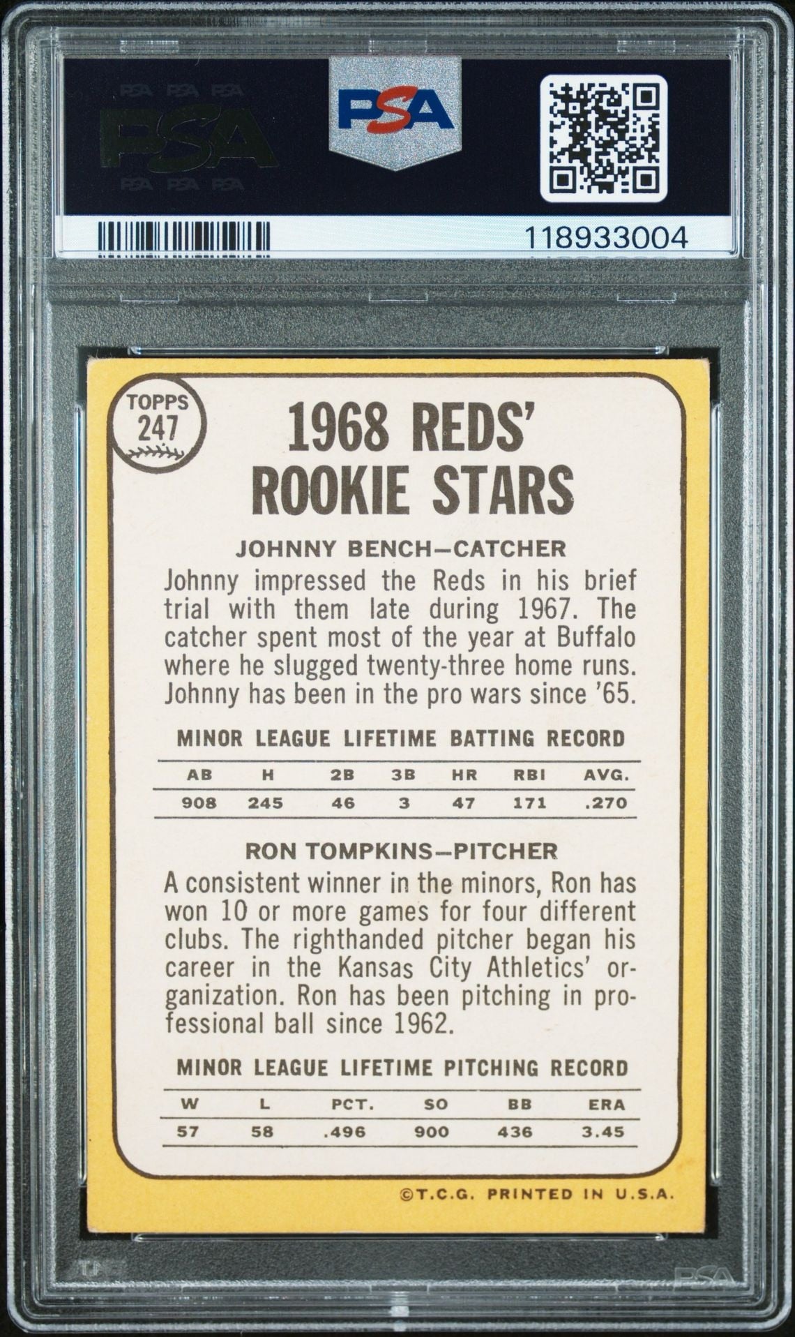 Johnny Bench 1968 Topps Rookie Stars IP Autograph PSA Authentic