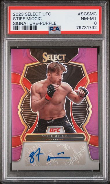 Stipe Miocic 2023 Panini Select autograph purple prizm #'d 41/49 PSA 8