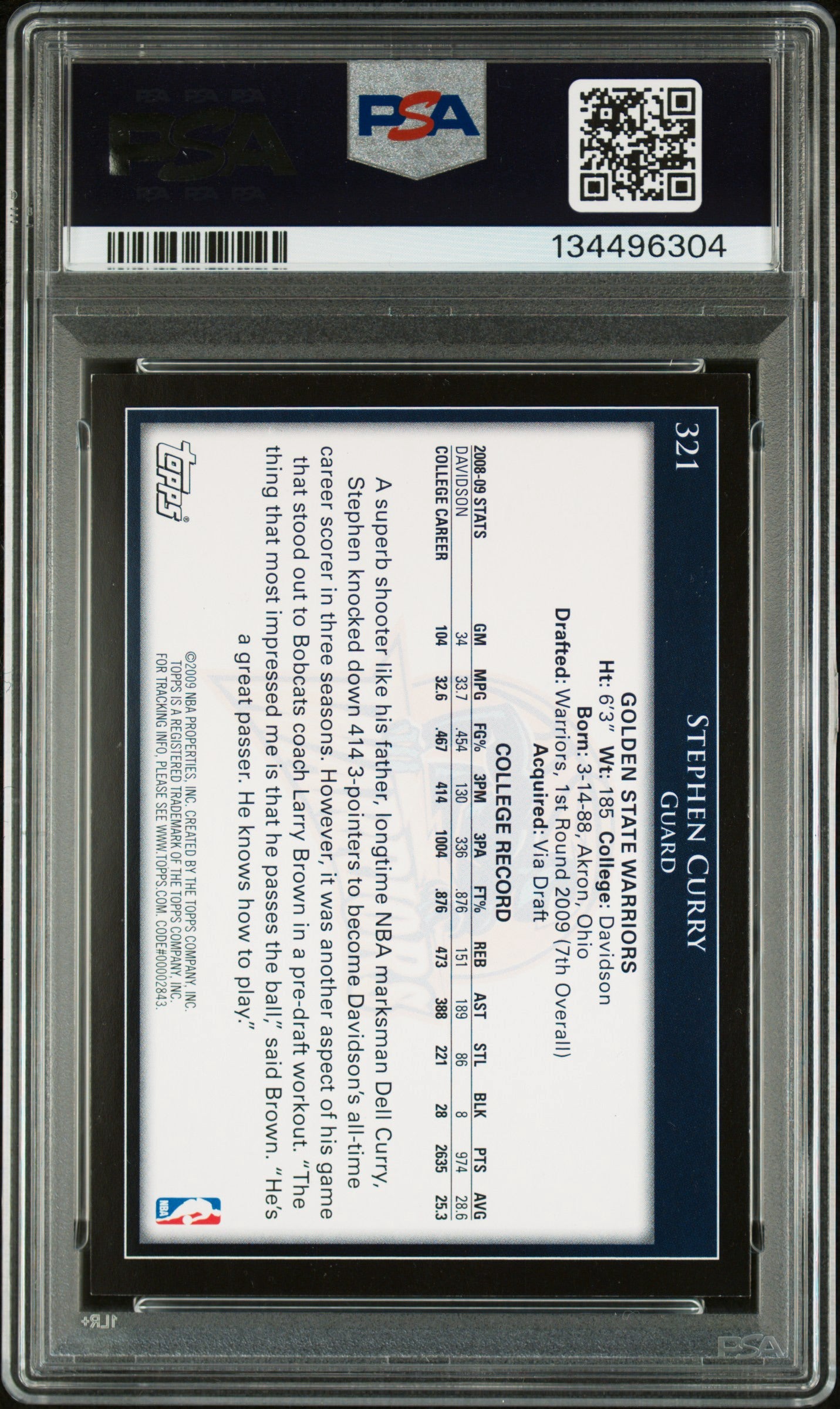 Stephen Curry 2009 Topps rookie card #321 PSA 8