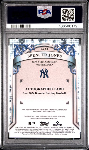 Spencer Jones 2024 Bowman Sterling Prospect Auto Speckle Refractor PSA 9