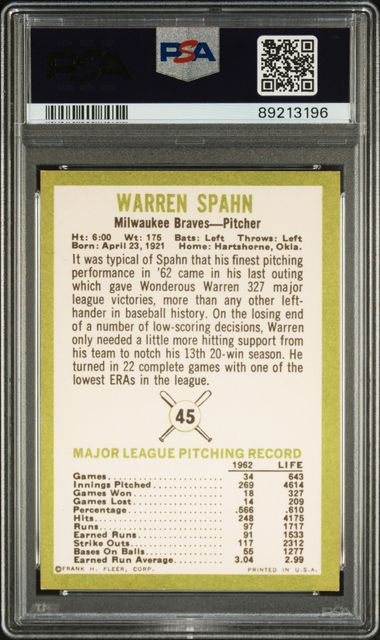 Warren Spahn 1963 Fleer #45 PSA 8