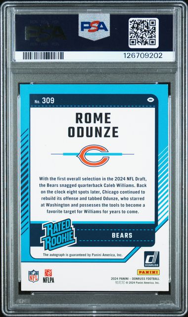 Rome Odunze 2024 Panini Donruss autograph rookie card purple #'d 086/150 PSA 8 AUTO 9