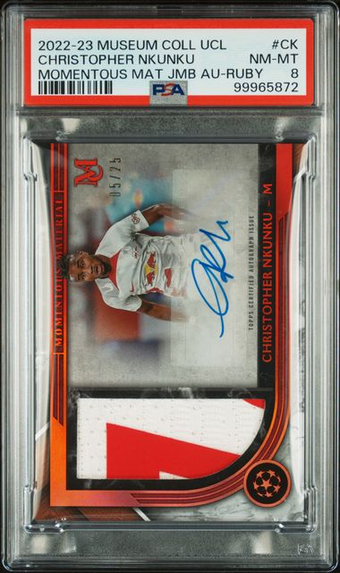 Christopher Nkunku 2022-23 Topps Museum Momentous Material autograph relic #'d 05/25 PSA 8