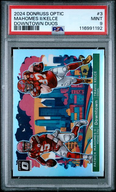 Patrick Mahomes II Travis Kelce 2024 Panini Donruss Optic Downtown Duos PSA 9