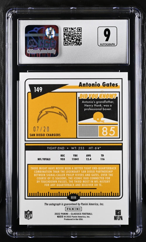 Antonio Gates 2022 Panini Classics Significant Signatures Premium Edition Purple #'d 7/20 CSG 9