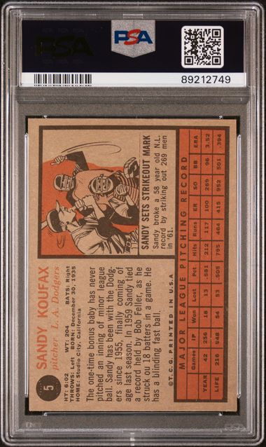 Sandy Koufax 1962 Topps #5 PSA 5.5