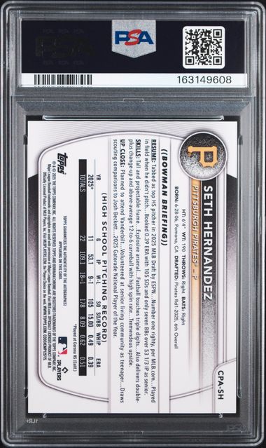 Seth Hernandez 2025 Bowman Draft 1st Bowman Black X-Fractor Autograph #'d 10/10 PSA 9