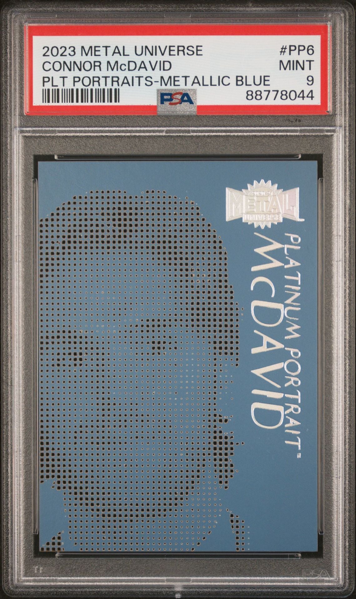 Connor McDavid 2023 Metal Universe Platinum Portraits Metallic Blue PSA 9
