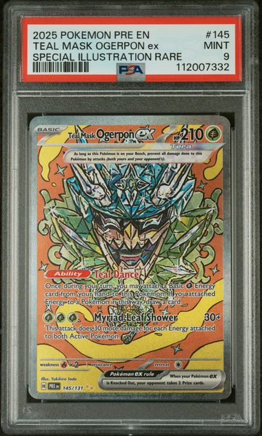 Teal Mask Ogerpon ex 2025 Pokemon Prismatic Evolution Special Illustration rare #145/131 PSA 9