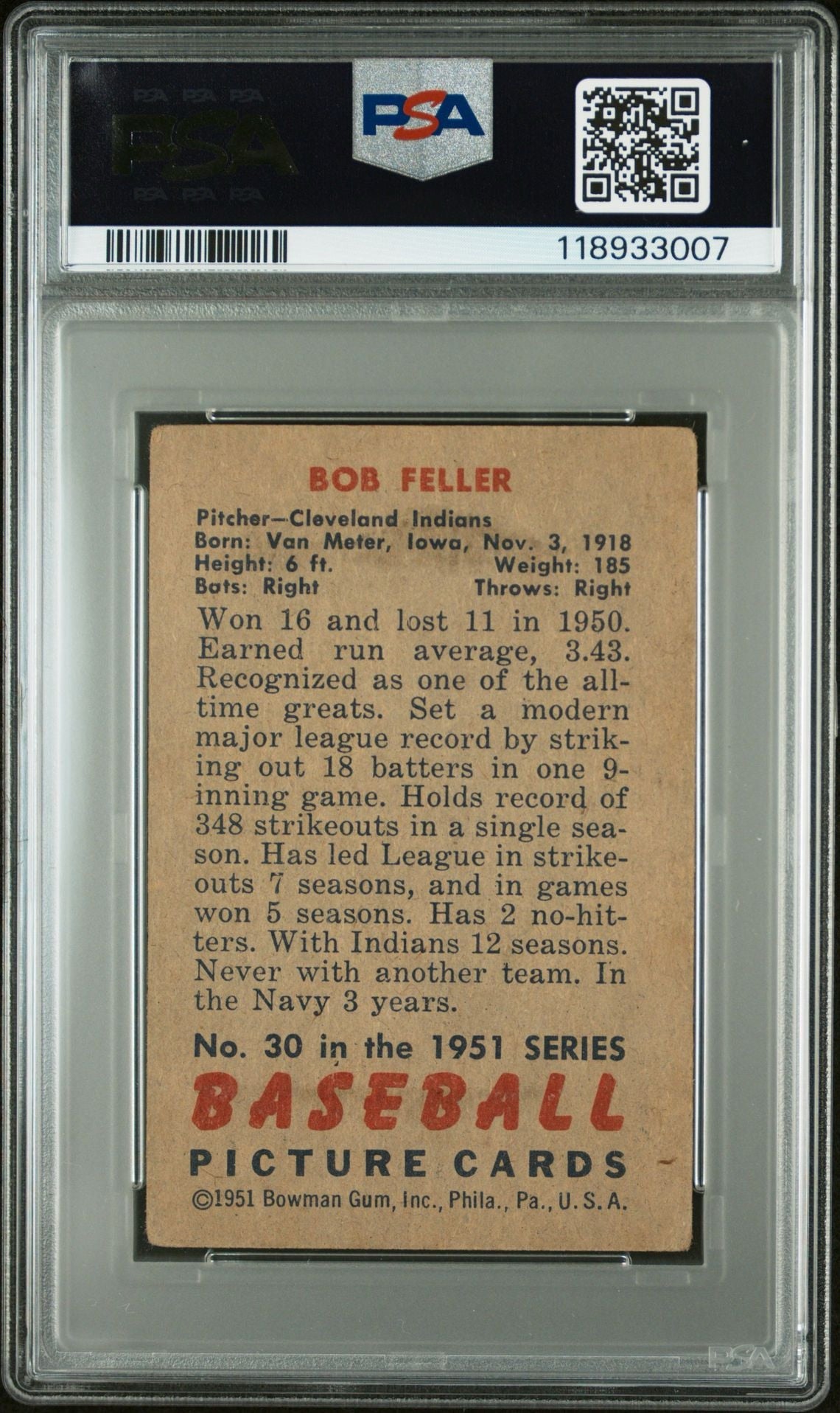 Bob Feller 1951 Bowman #30 IP Autograph PSA Authentic