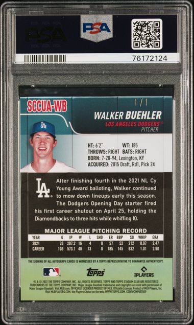 Walker Buehler 2022 Topps Stadium Club Chrome Autographs Superfractor 1/1