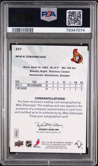 Mika Zibanejad 2011 Upper Deck SP Authentic autograph rookie card #'d 301/999 PSA 9