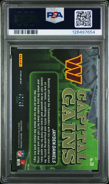 Jayden Daniels 2024 Panini Mosaic Capital Gains purple prizm rc #'d 40/49 PSA 9