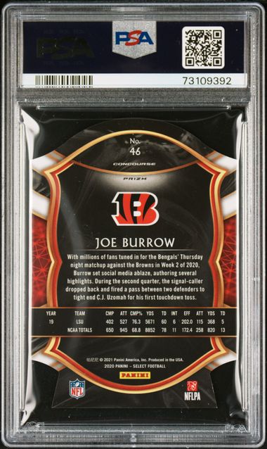 Joe Burrow 2020 Panini Select die-cut red prizm rookie card PSA 9