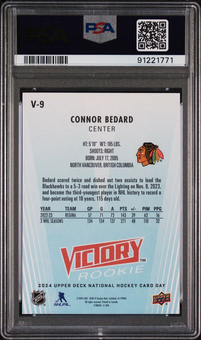 Connor Bedard 2024 Upper Deck National Hockey Day Victory Black Rookies PSA 10