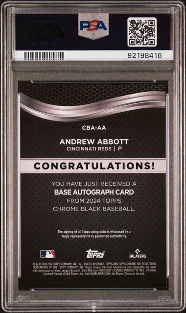 Andrew Abbott 2024 Topps Chrome Black Auto RC PSA 9 Auto 10