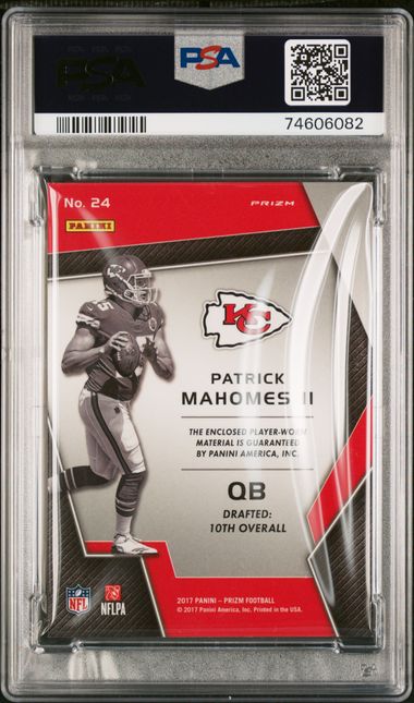 Patrick Mahomes 2017 Panini Prizm Premier Jersey relic rookie card silver prizm PSA 9