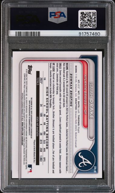 Isaiah Drake 2024 Bowman Chrome Prospect Autograph PSA 10