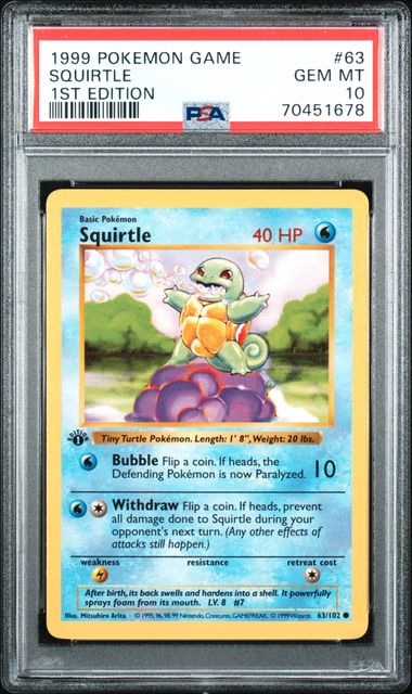 Squirtle 1999 Pokémon Base Set 1st Edition PSA 10