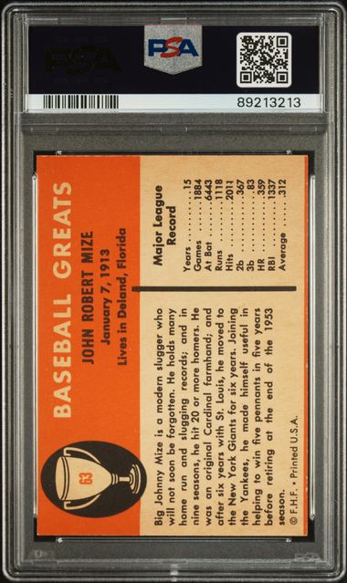 Johnny Mize 1961 Fleer #63 PSA 8