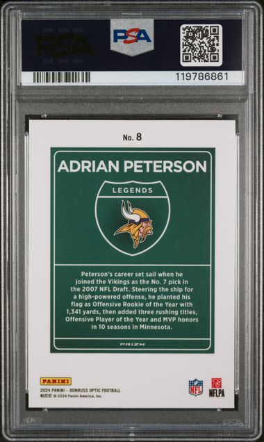 Adrian Peterson 2024 Panini Donruss Optic Downtown Legends PSA 9