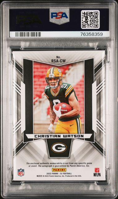 Christian Watson 2022 Panini XR Rookie Swatch Autograph Red #'d 61/75 PSA 8