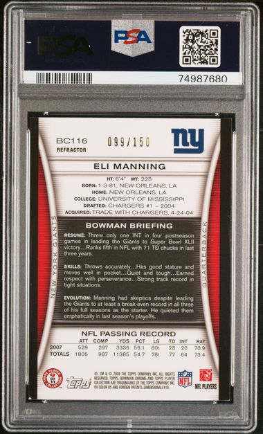 Eli Manning 2008 Bowman Chrome blue refractor #'d 099/150 PSA 8