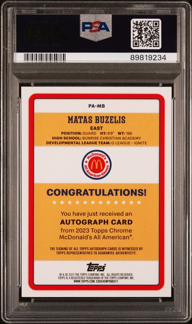 Matas Buzelis 2023 Topps Chrome McDonalds All-American Gameday Paper Autograph PSA 9