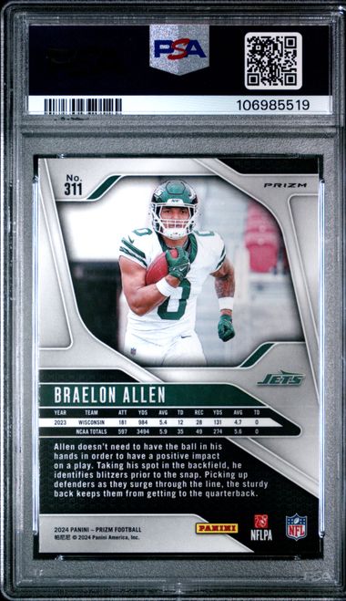 Braelon Allen 2024 Panini Prizm green wave prizm rookie card PSA 10