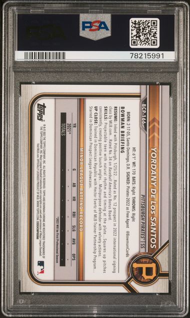 Yordany De Los Santos 2022 1st Bowman Chrome X Green X-Fractor #'d 30/31 PSA 10