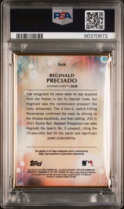 Reginald Preciado 2022 Bowman Transcendent Collection Autograph Emerald #'d 2/5 PSA 9