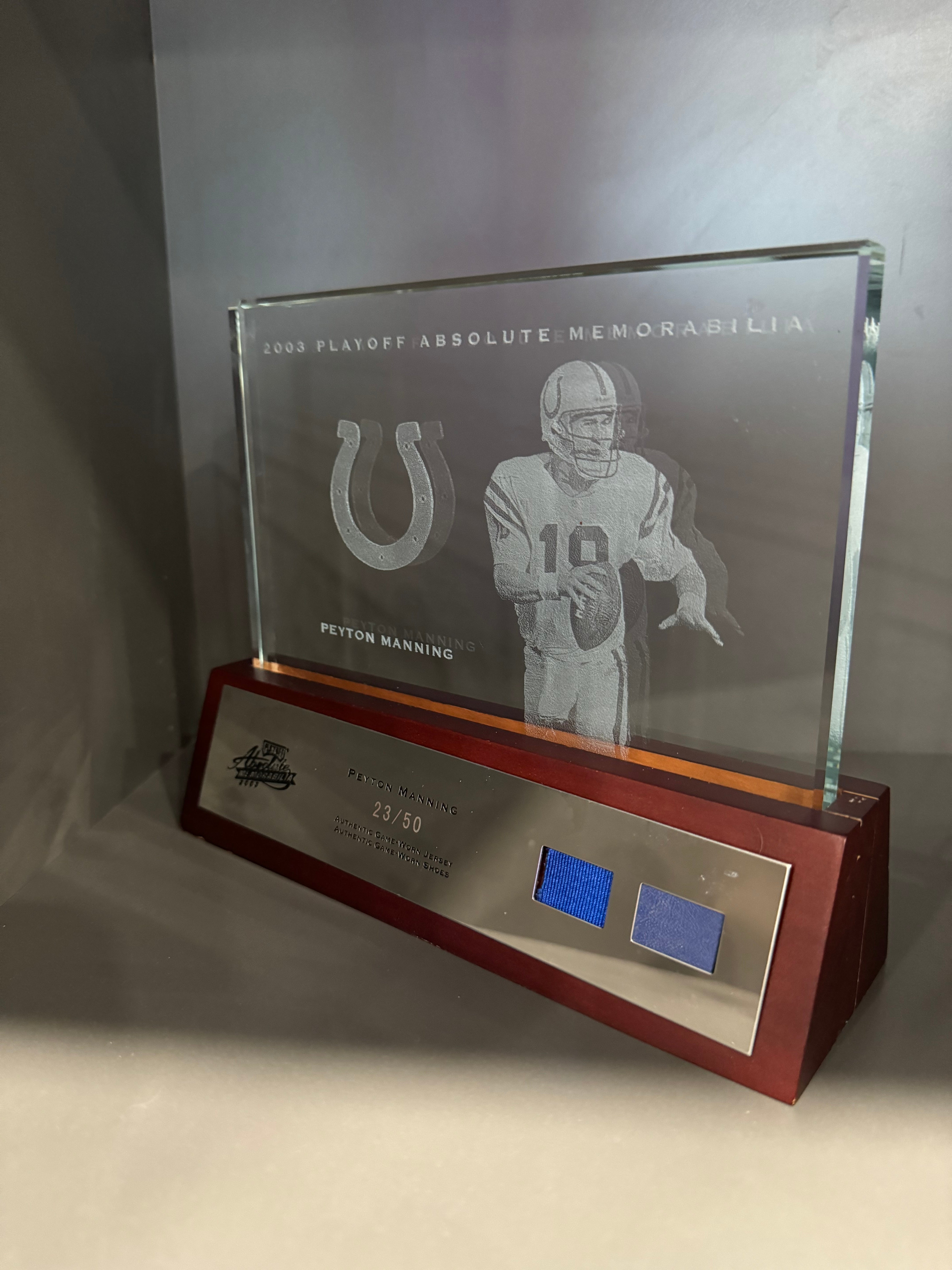 Peyton Manning 2003 Playoff Absolute Memorabilia Glass Plaque jersey/shoe relic #'d 23/50