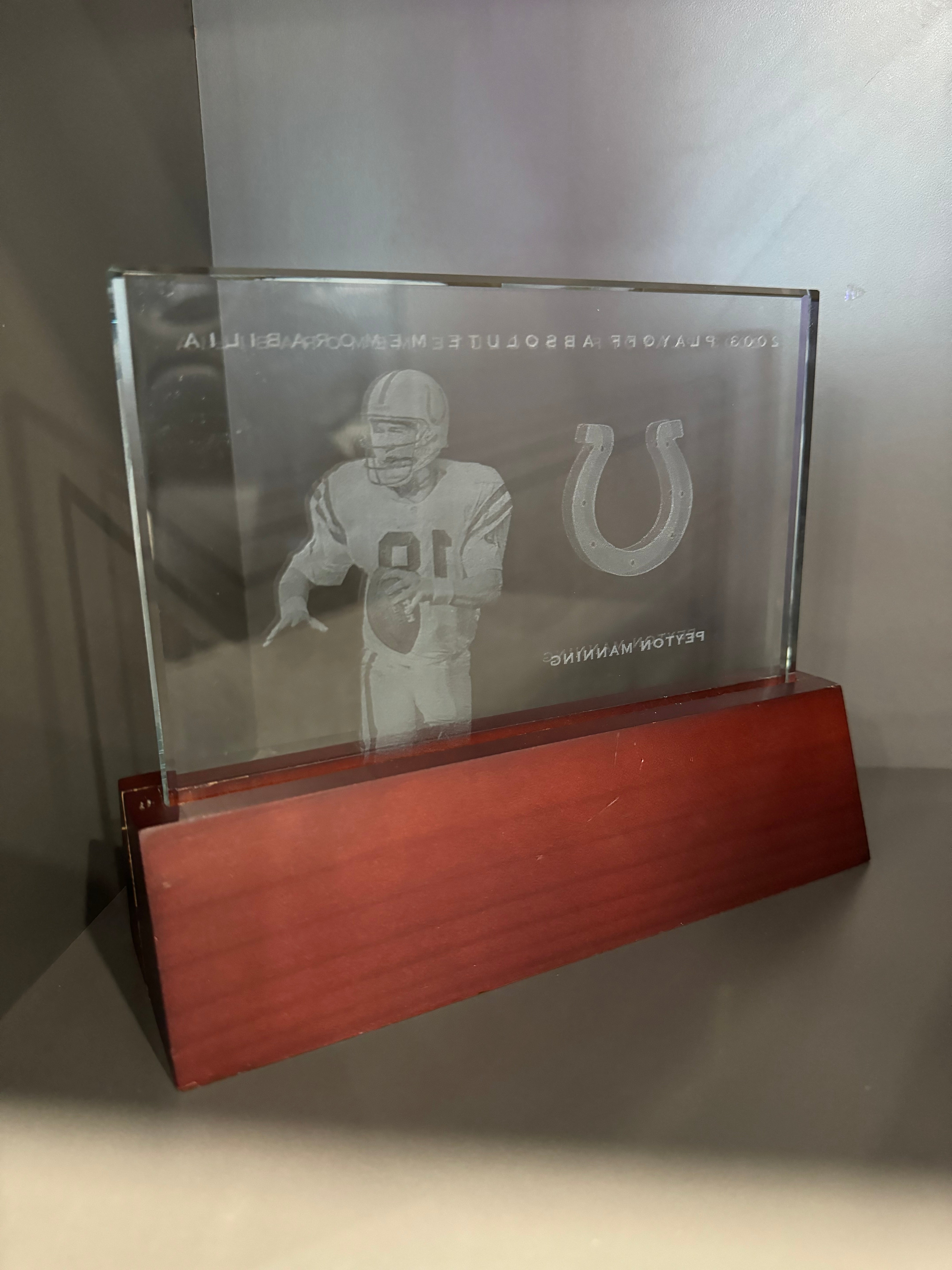 Peyton Manning 2003 Playoff Absolute Memorabilia Glass Plaque jersey/shoe relic #'d 23/50