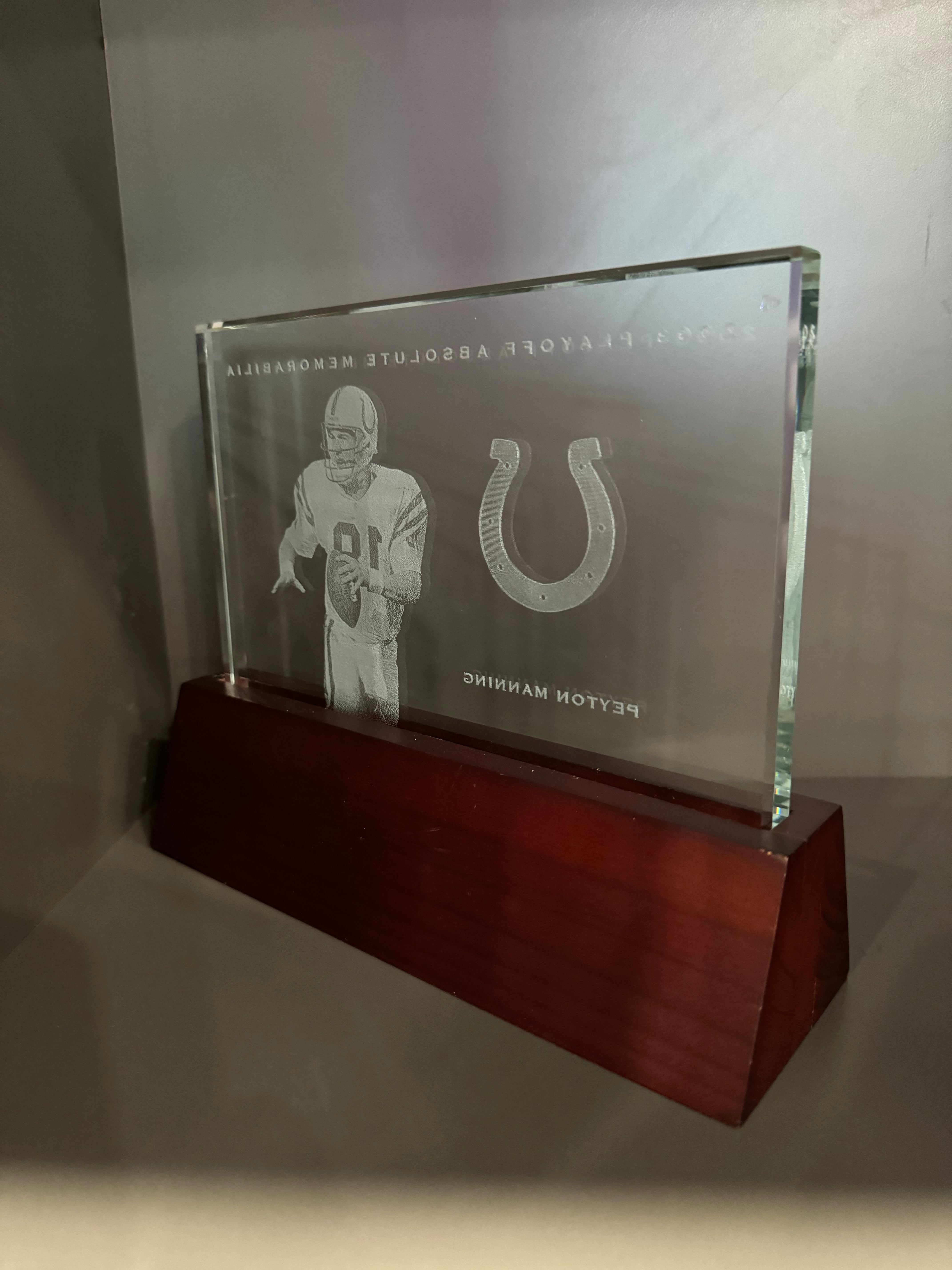 Peyton Manning 2003 Playoff Absolute Memorabilia Glass Plaque jersey/shoe relic #'d 23/50