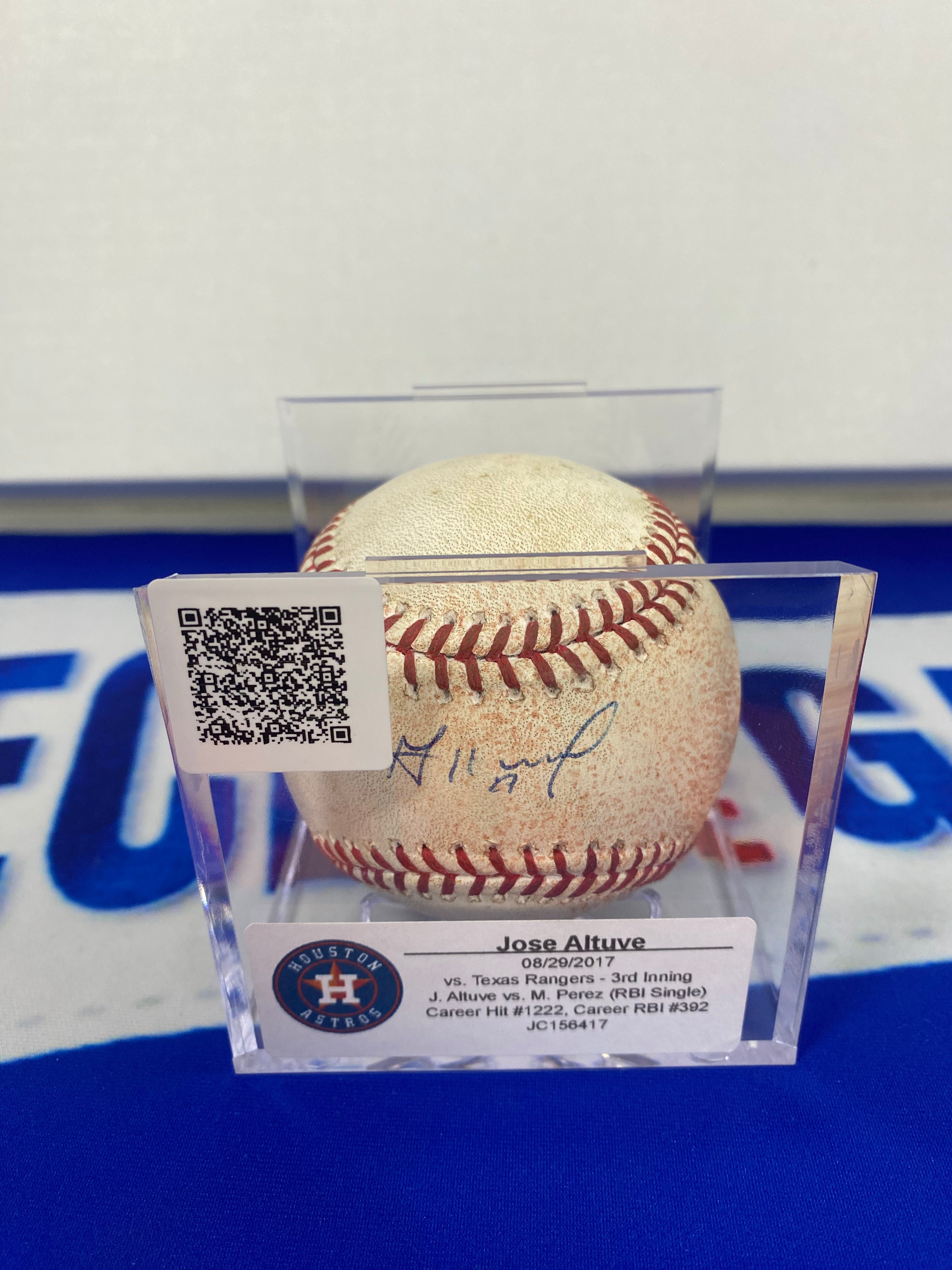 Jose Altuve Autographed MLB Game Used Single Career Hit 1222 RBI 392 08/29/17