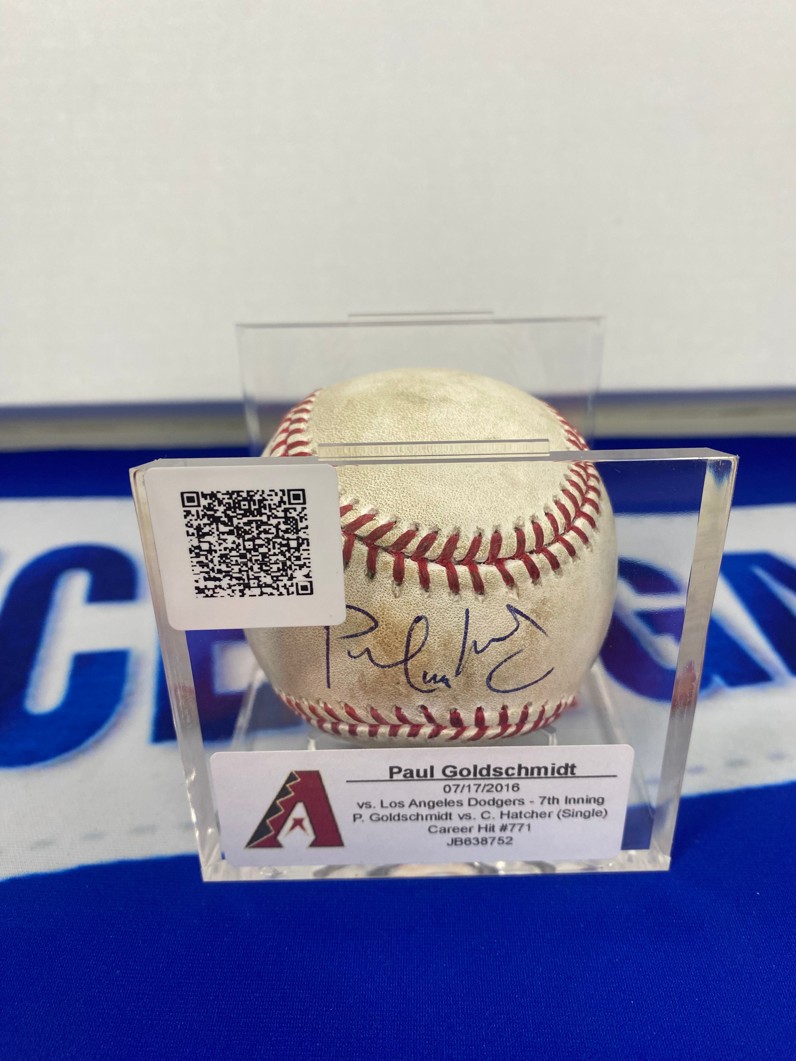Paul Goldschmidt Autographed MLB Game Used Single Career Hit 771 07/17/16