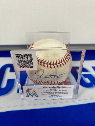 Giancarlo Stanton Autographed MLB Game Used Double Career Hit 865 Double 186 06/23/17