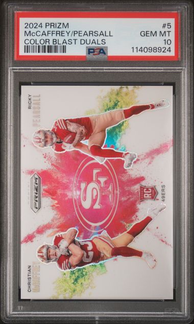 Christian McCaffrey Ricky Pearsall 2024 Panini Prizm Color Blast Duals PSA 10