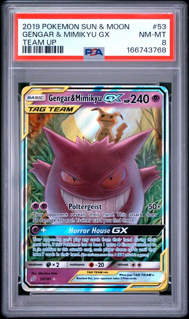 Gengar & Mimikyu GX Pokémon Team Up Ultra Rare #53/181 PSA 8