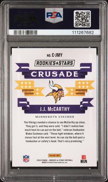 JJ McCarthy 2024 Panini Rookies & Stars Crusade Longevity PSA 9
