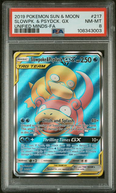 Slowpoke & Psyduck GX Pokémon Unified Minds Tag Team Full-Art #217/236 PSA 8