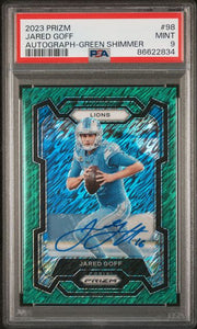 Jared Goff 2023 Panini Prizm autograph green shimmer #'d 2/5 PSA 9