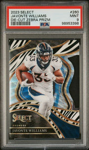 Javonte Williams 2023 Panini Select Die-Cut Club Level Zebra Prizm PSA 9