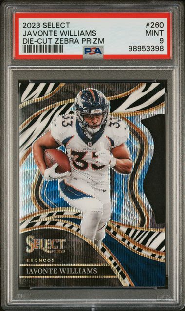 Javonte Williams 2023 Panini Select Die-Cut Club Level Zebra Prizm PSA 9