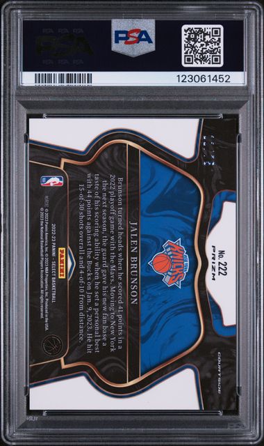 Jalen Brunson 2022 Panini Select White Disco prizm #'d 11/75 (Jersey #) PSA 10