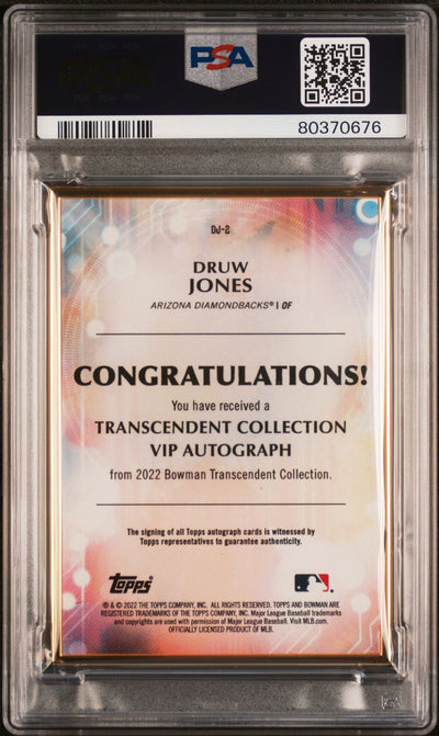 Druw Jones 2022 Bowman Transcendent VIP autograph gold #'d 26/50 PSA 9